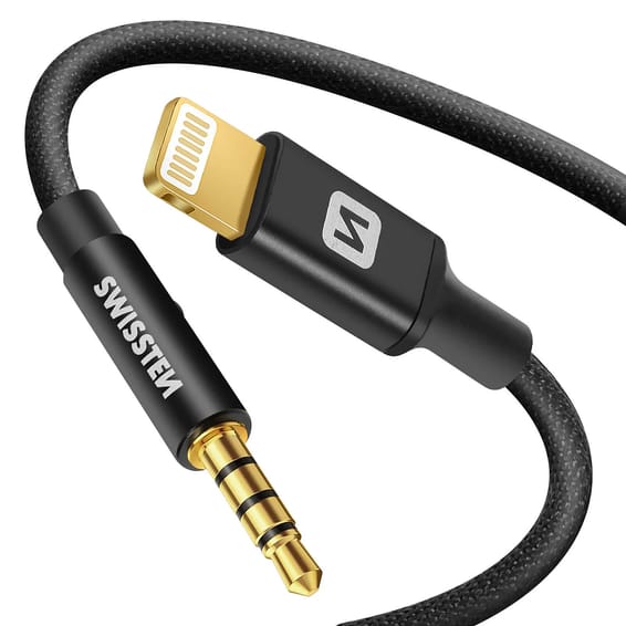 Swissten Câble Jack 3.5mm pour iPhone / iPad, Adaptateur Audio Noir 1,5m