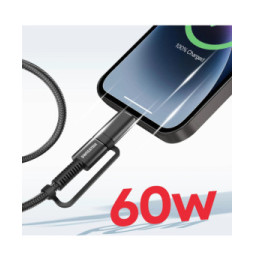 Swissten Câble USB + USB-C 60W pour iPhone et iPad, Aramid Gris 1,5m