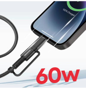 Swissten Câble USB + USB-C 60W pour iPhone et iPad, Aramid Gris 1,5m