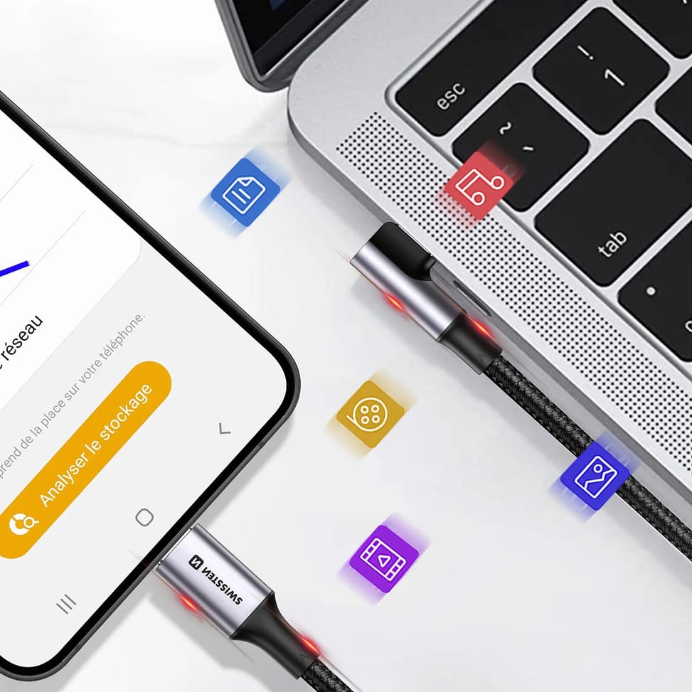 Swissten Câble USB C 100W pour Ordinateur Portable Design Coudé Nylon Tressé Noir — image 3