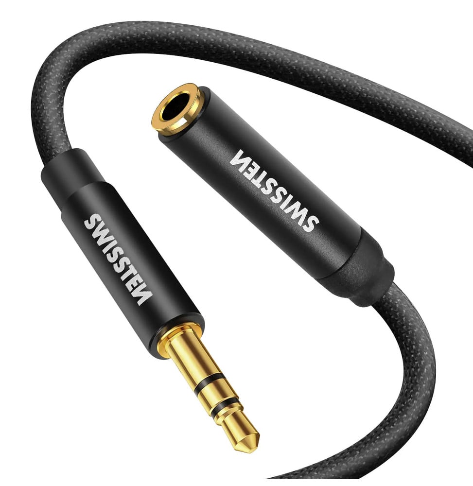 Swissten Rallonge jack 3.5mm, Câble auxiliaire , Nylon tressé noir - 1,5m