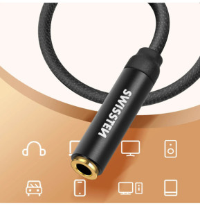 Swissten Rallonge jack 3.5mm, Câble auxiliaire , Nylon tressé noir - 1,5m