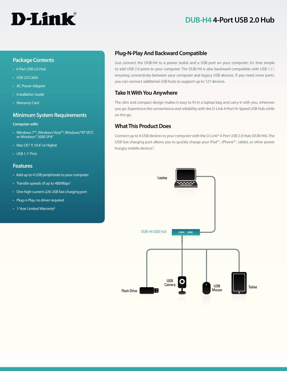 Hub D-Link 4 ports USB 2.0 (DUB-H4)