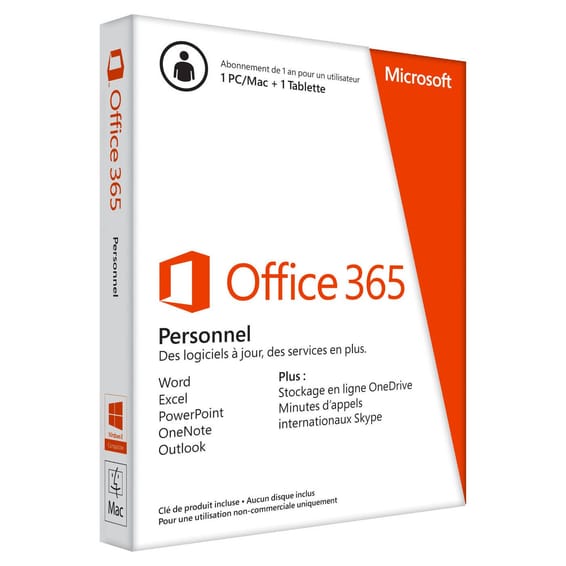 Microsoft Office 365 Personnel - Licence d'abonnement ( 1 an ) - Pour un 1 PC ou Mac + 1 tablette