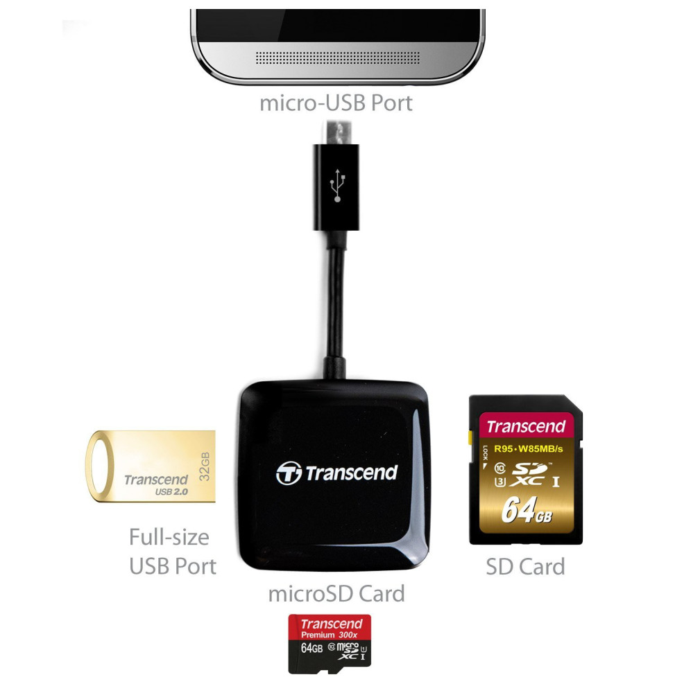 Lecteur de cartes mémoire Transcend SD/microSD/port USB - Compatible avec les appareils Android OTG