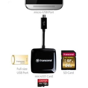 Lecteur de cartes mémoire Transcend SD/microSD/port USB - Compatible avec les appareils Android OTG