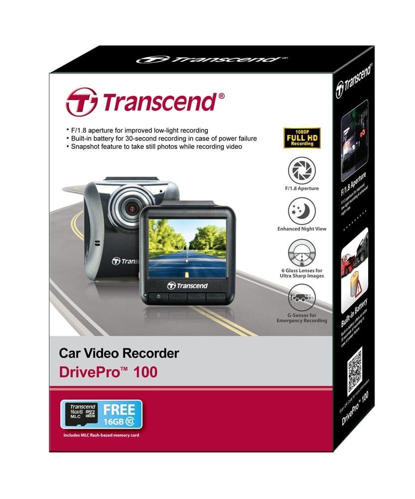 Enregistreur vidéo pour véhicule Transcend DrivePro 100 Full HD LCD 2.4" - Support avec ventouse avec carte mémoire 16GB offerte