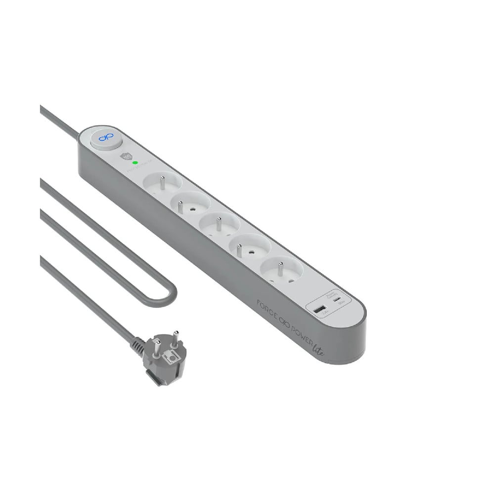 Force Power Rallonge Parafoudre 5 Prises Type-E 800 Joules avec Ports USB-A et USB-C 1,5m Argent