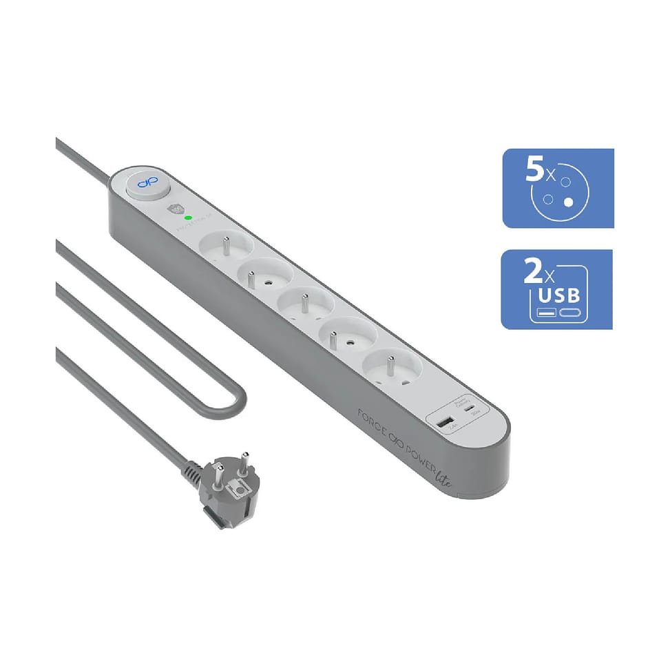 Force Power Rallonge Parafoudre 5 Prises Type-E 800 Joules avec Ports USB-A et USB-C 1,5m Argent — image 2