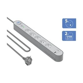 Force Power Rallonge Parafoudre 5 Prises Type-E 800 Joules avec Ports USB-A et USB-C 1,5m Argent — image 2