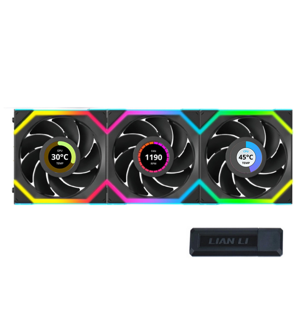 Lian Li Uni Fan SL Wireless LCD 120 Reverse Blade (noir) - Pack de 3