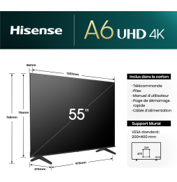 Téléviseur Hisense 55" Smart UHD 4K 55A6N + Récepteur intégré