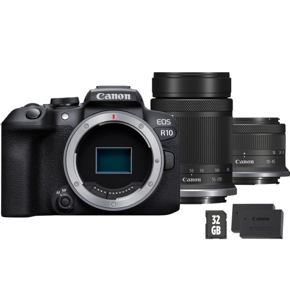 Appareil photo hybride Canon EOS R10 + objectif RF-S 55-210mm + objectif RF-S 18-45mm + carte SD + batterie supplémentaire