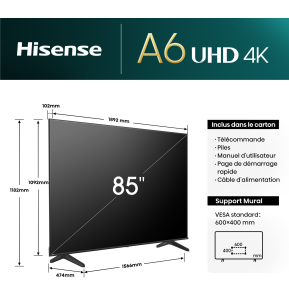 Téléviseur Hisense 85'' Smart UHD 4K 85A6N + Récepteur intégré