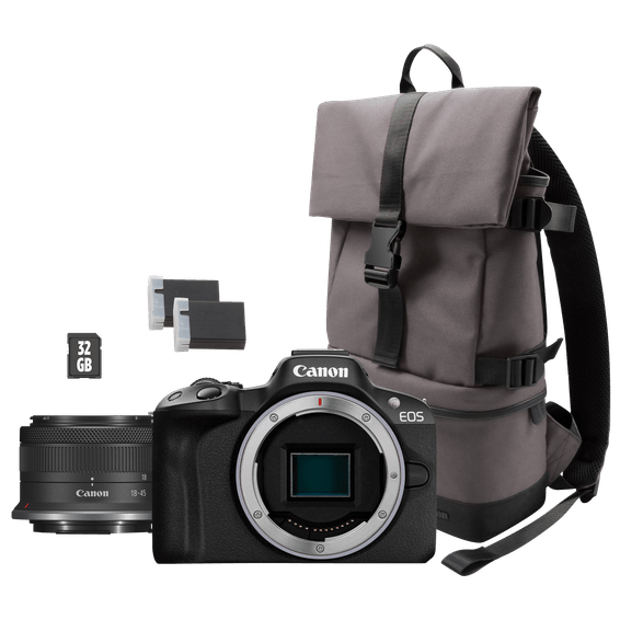 Appareil photo hybride Canon EOS R50, noir + objectif RF-S 18-45mm F4.5-6.3 IS STM + sac à dos + carte SD + batterie supplémenta