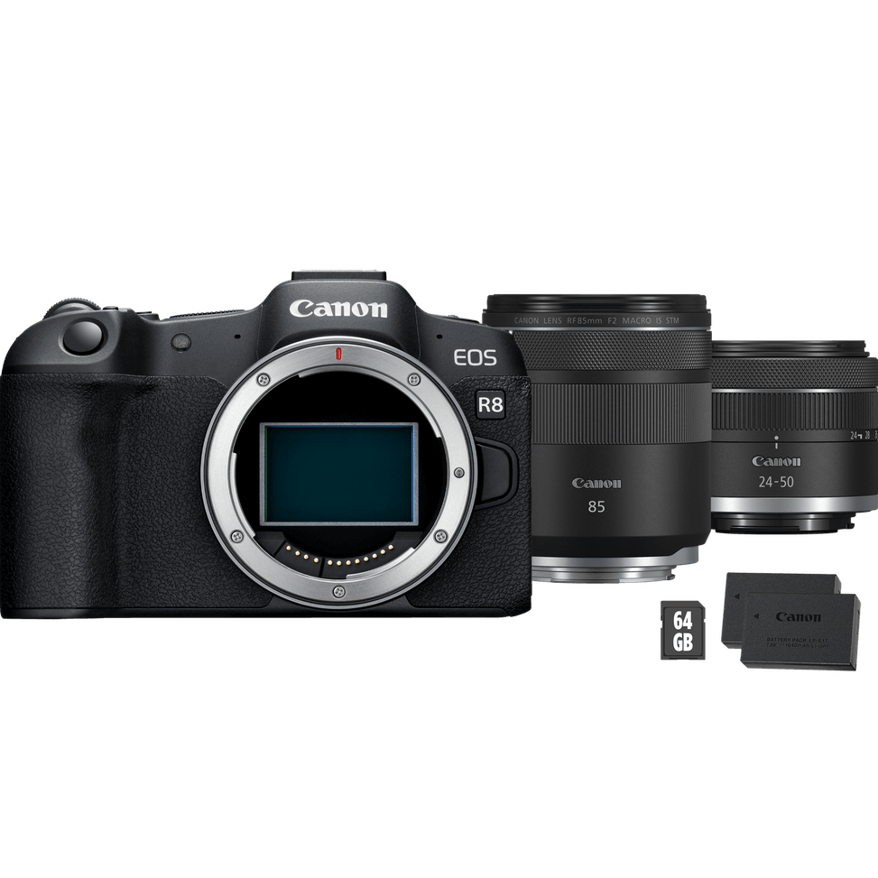 Appareil photo hybride Canon EOS R8, noir + objectif RF 85mm Macro IS STM + objectif RF 24-50mm IS STM — image 1