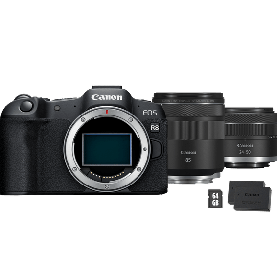 Appareil photo hybride Canon EOS R8, noir + objectif RF 85mm Macro IS STM + objectif RF 24-50mm IS STM