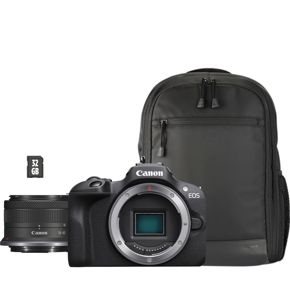 Appareil photo hybride Canon EOS R100 + RF-S 18-45mm F4.5-6.3 IS STM + sac à dos + carte SD — image 1