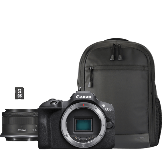 Appareil photo hybride Canon EOS R100 + RF-S 18-45mm F4.5-6.3 IS STM + sac à dos + carte SD