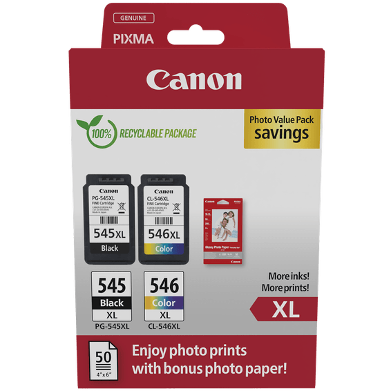 Cartouche d'encre à haut rendement Canon PG-545XL/CL-546XL + Pack à prix réduit de papiers photo