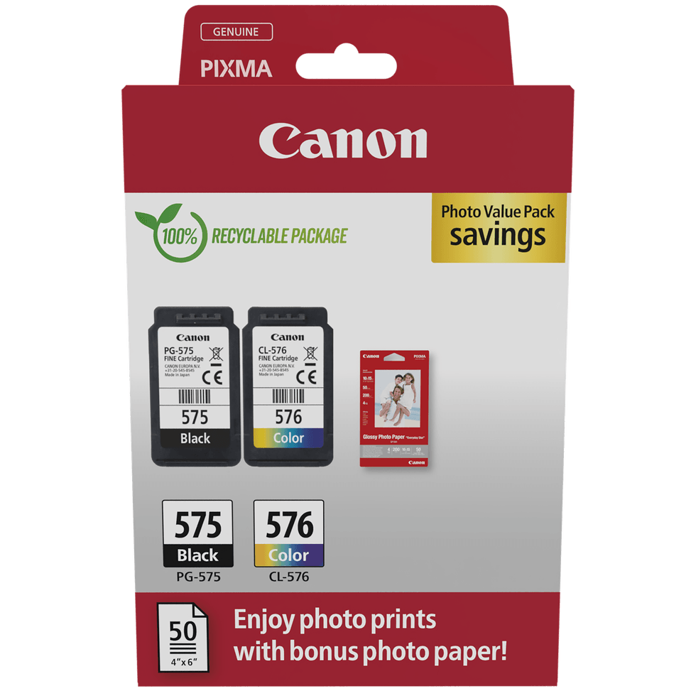 Pack à prix réduit cartouches d'encre PG- 575/CL-576 + papier photo Canon — image 1