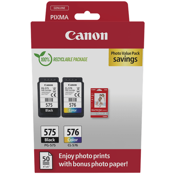 Pack à prix réduit cartouches d'encre PG- 575/CL-576 + papier photo Canon