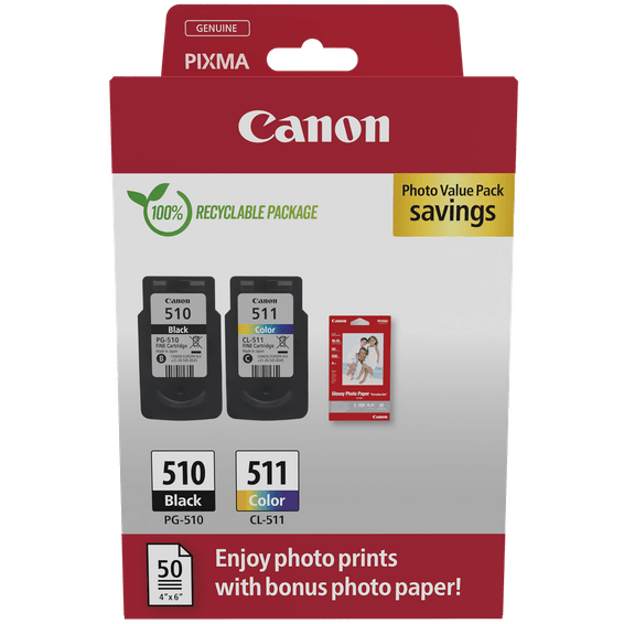 Pack à prix réduit cartouches d'encre PG-510/CL-511 + papier photo Canon