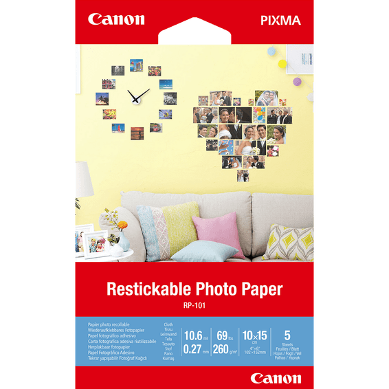 Papier photo autocollant repositionnable Canon RP-101, 10 × 15 cm, 5 feuilles