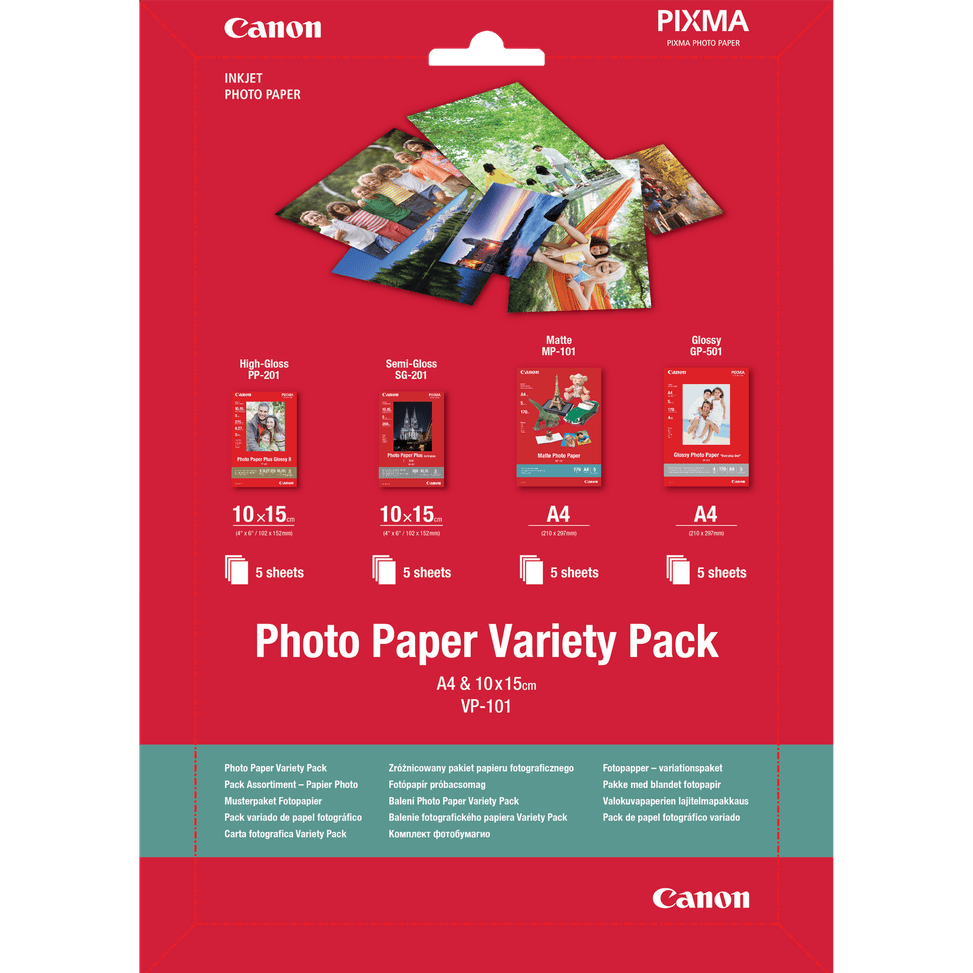 Pack variété de papier photo 4 × 6" (10 × 15 cm) et A4 VP-101 de Canon, 20 feuilles — image 1