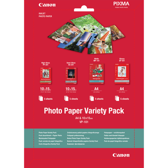 Pack variété de papier photo 4 × 6" (10 × 15 cm) et A4 VP-101 de Canon, 20 feuilles