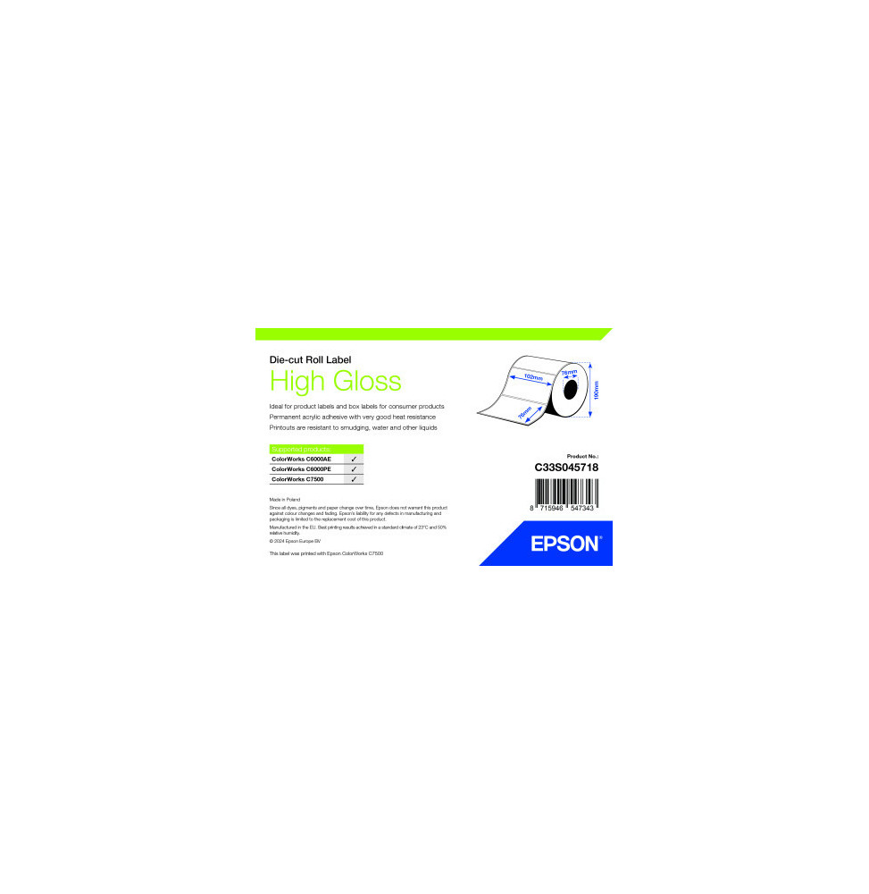 Epson High Gloss Label - Die-cut Roll : 102mm x 76mm, 1570 étiquettes (C33S045718)