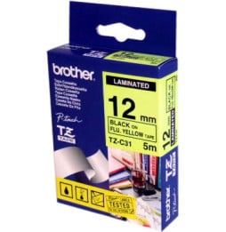 Ruban Brother d'étiquette Noir/Jaune fluorescent 12 mm x 5 m (TZEC31)