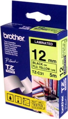 Ruban Brother d'étiquette Noir/Jaune fluorescent 12 mm x 5 m (TZEC31)
