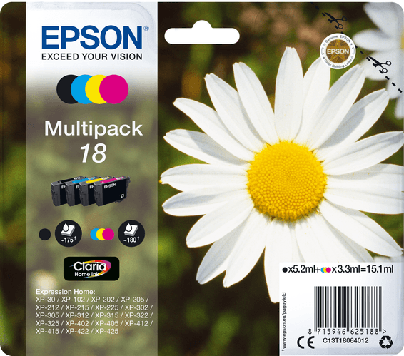 Epson Claria Home multipack 4 couleurs Pâquerette 18 – Kit de cartouches d’encre polyvalent (C13T18064012)