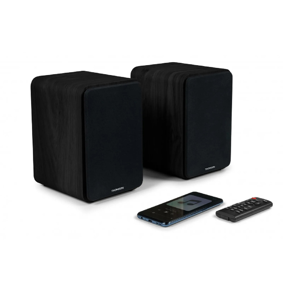 Thomson WS600DUO - Enceinte Bibliothèque Stéréo Bois Noir avec Télécommande