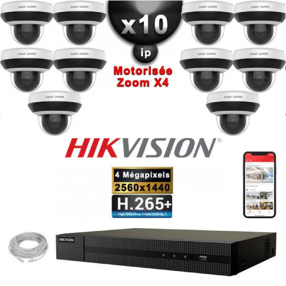 HIKVISION Kit Vidéo Surveillance PRO IP : 10x Caméras POE Dômes motorisée IR 20M 4 MP + Enregistreur NVR 16 canaux H265+ 3000Go — image 1