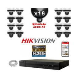 HIKVISION Kit Vidéo Surveillance PRO IP : 16x Caméras POE Dômes motorisée IR 20M 4 MP + Enregistreur NVR 16 canaux H265+ 3000Go
