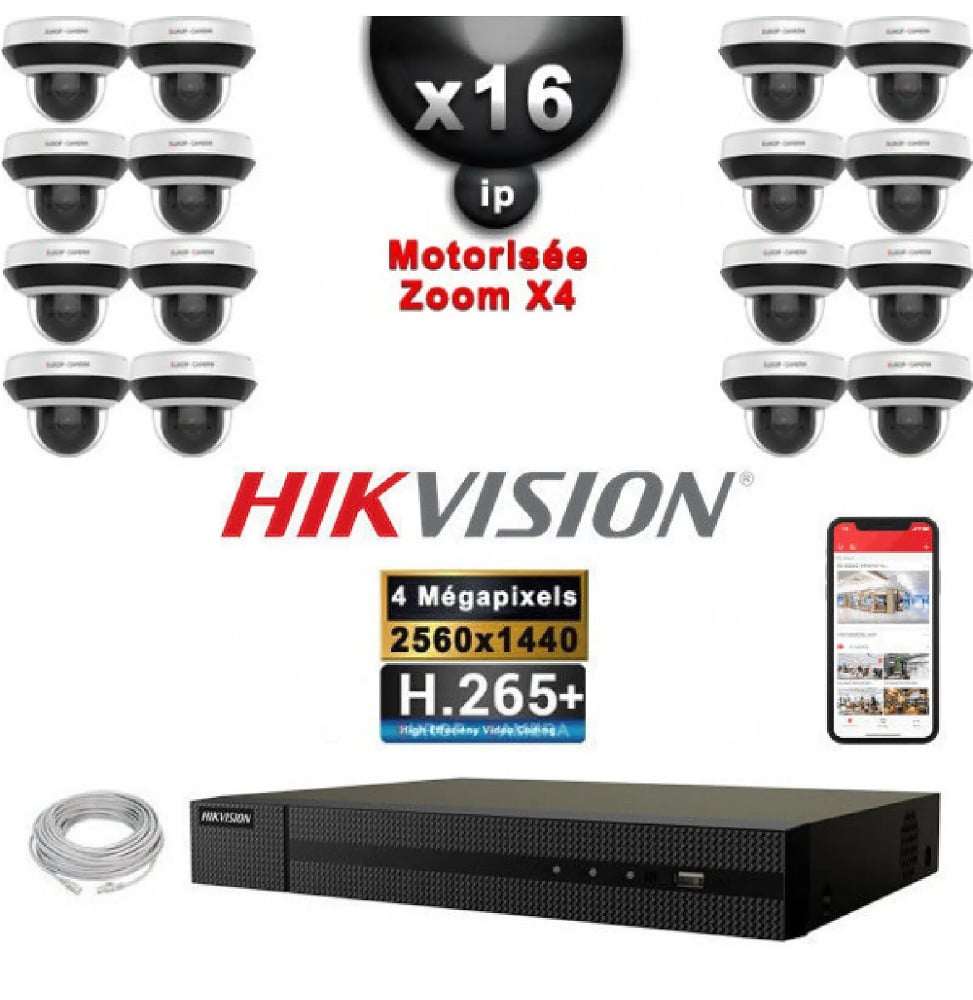 HIKVISION Kit Vidéo Surveillance PRO IP : 16x Caméras POE Dômes motorisée IR 20M 4 MP + Enregistreur NVR 16 canaux H265+ 3000Go