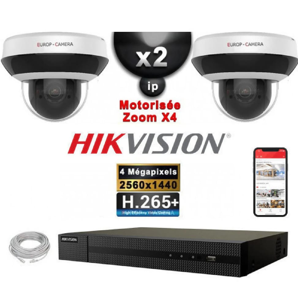HIKVISION Kit Vidéo Surveillance PRO IP : 2x Caméras POE Dômes motorisée IR 20M 4MP + Enregistreur NVR 4 canaux H265+ 1000 Go — image 1