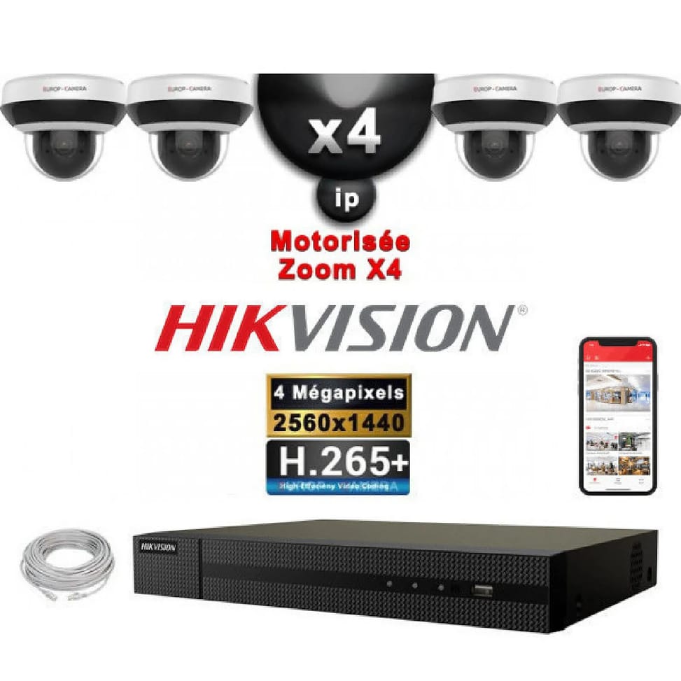 HIKVISION Kit Vidéo Surveillance PRO IP : 4x Caméras POE Dômes motorisée IR 20M 4MP + Enregistreur NVR 4 canaux H265+ 2000 Go — image 1