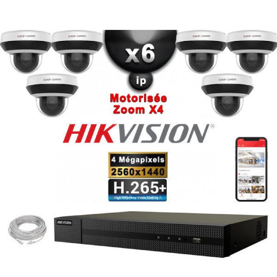 HIKVISION Kit Vidéo Surveillance PRO IP : 6x Caméras POE Dômes motorisée IR 20M 4MP + Enregistreur NVR 8 canaux H265+ 2000 Go — image 1
