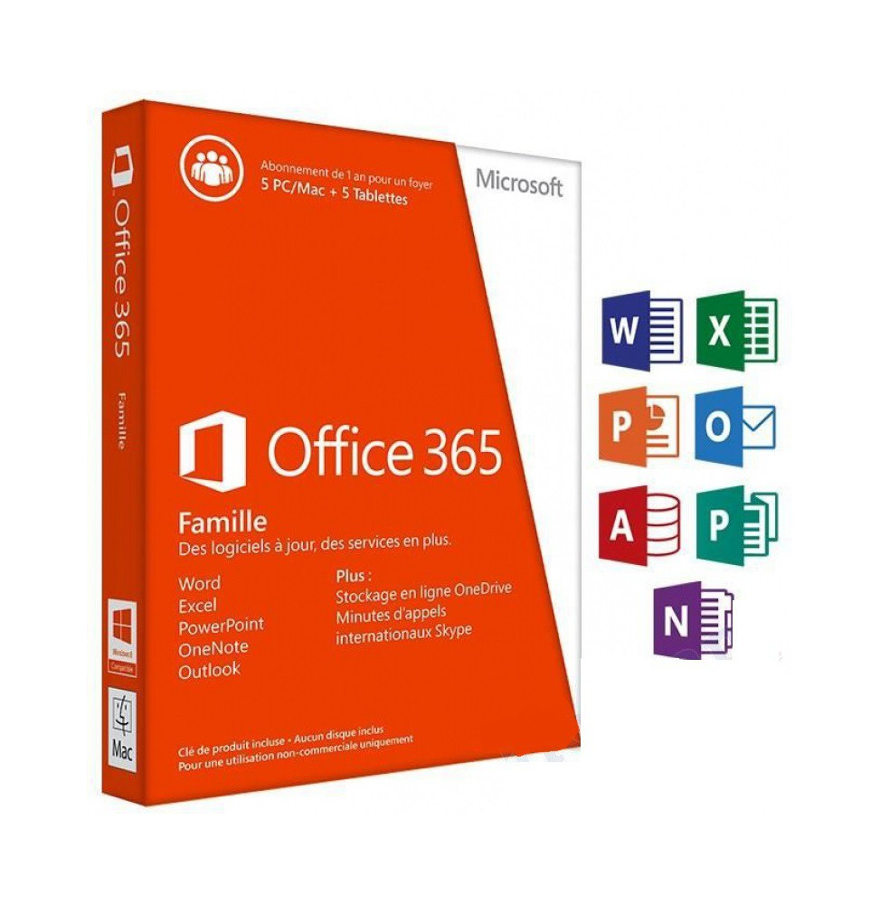 Microsoft Office 365 Famille Premium 32/64 Bits - Licence d'abonnement ( 1  an ) - jusquà 5 PC ou Mac + 5 tablettes prix Maroc
