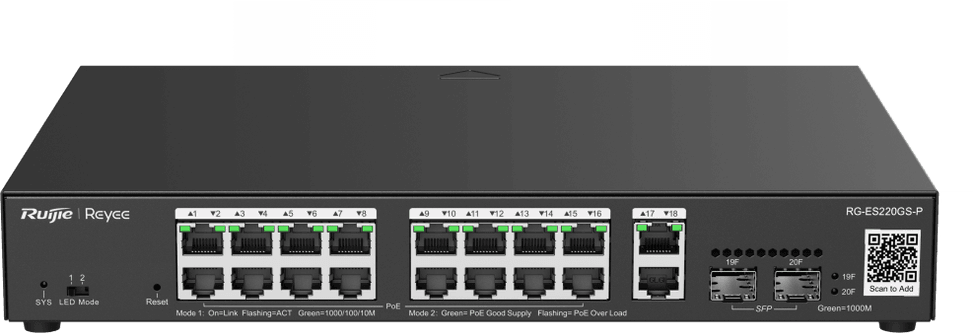 جهاز Switch مُدار Reyee RG-ES220GS-P 20 منفذ - 16 PoE+ / 2SFP 250W — صورة 2