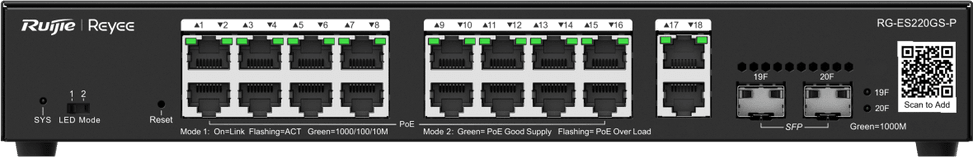 جهاز Switch مُدار Reyee RG-ES220GS-P 20 منفذ - 16 PoE+ / 2SFP 250W — صورة 1