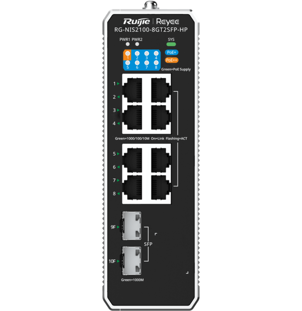 Switch industriel L2 géré dans le Cloud Reyee NIS2100-8GT2SFP-HP 10 ports, 1 port PoE++, 7 ports PoE+, 2 ports Uplink SFP
