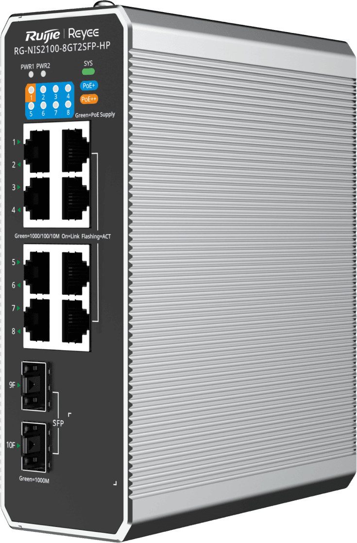 جهاز Switch صناعي L2 مُدار عبر Cloud Reyee NIS2100-8GT2SFP-HP بـ 10 منافذ، 1 منفذ PoE++، 7 منافذ PoE+، 2 منفذ Uplink SFP — صورة 2