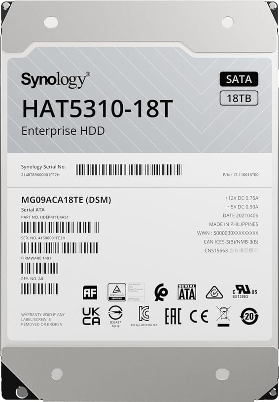 Disque dur interne Synology HAT5300 SATA 3,5'' Série Enterprise HDD 18 To pour NAS (HAT5310-18T)