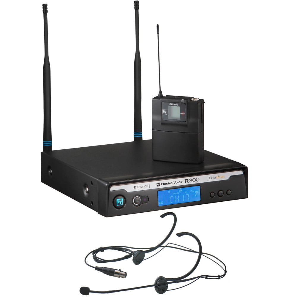 Electro-Voice R300-E/B – Ensemble micro serre-tête HM3 avec émetteur BP-300-B et récepteur sans fil robuste