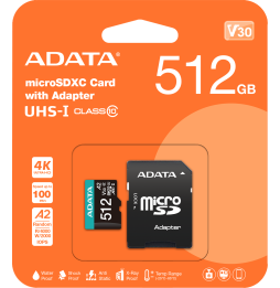 Carte mémoire ADATA Premier Pro 512 Go microSDXC/SDHC UHS-I U3 V30 (AUSDX512GUI3V30SA2-R)