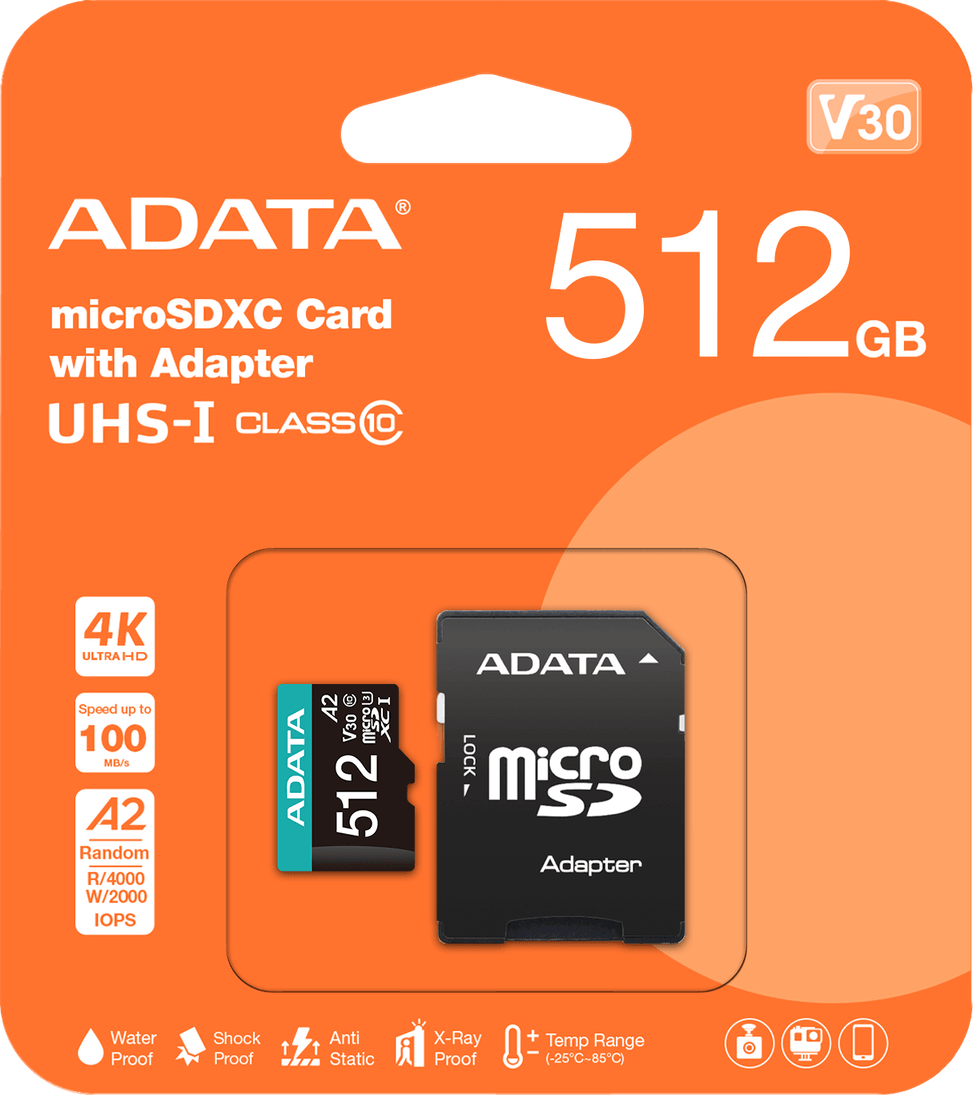 Carte mémoire ADATA Premier Pro 512 Go microSDXC/SDHC UHS-I U3 V30 (AUSDX512GUI3V30SA2-R) — image 3